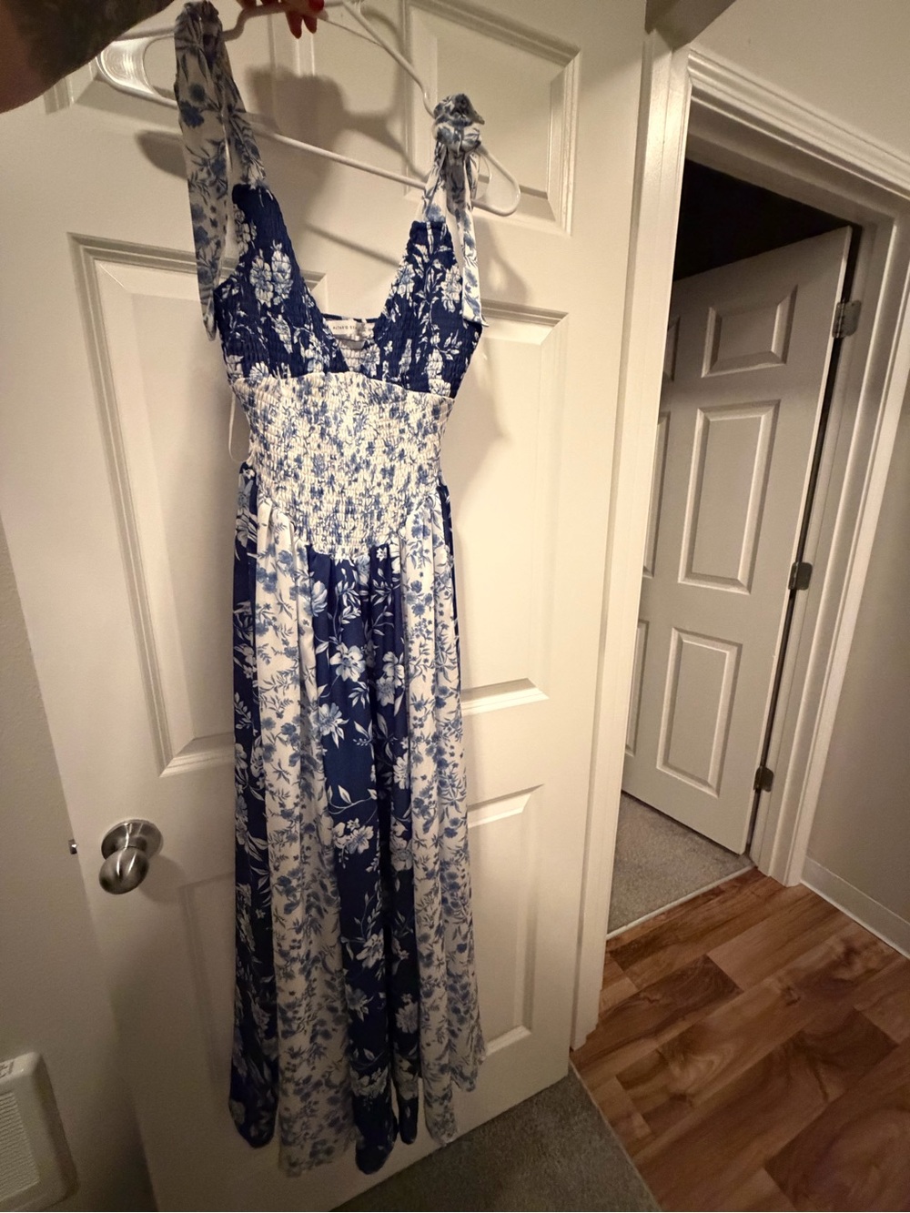 Altar'd State Blue and White Floral Tie-Shoulder Maxi Dress